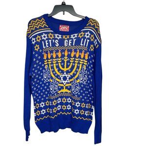 Hybrid Adult "Let's Get Lit" Hanukkah Holiday Sweater Blue Size L